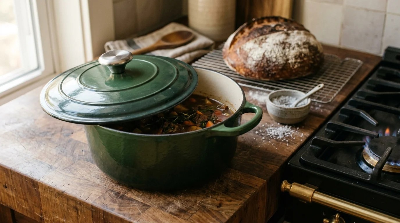 An enameled cast iron Dutch oven with lid slightly ajar on a butcher block counter beside baked bread.