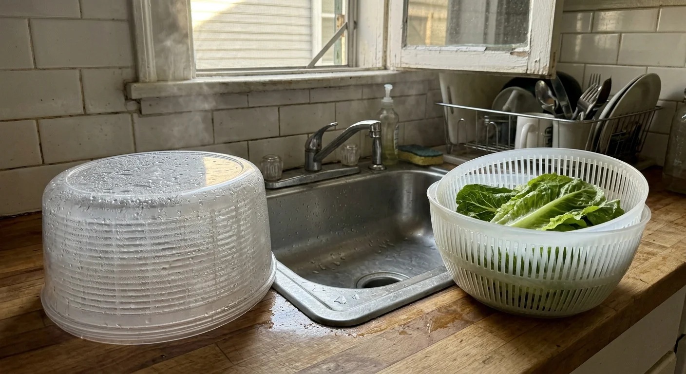 Steaming plastic bowl upside down and a colander filled with lettuce beside a kitchen sink on a wooden counter.