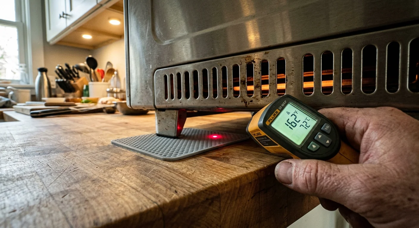 Hand pointing an infrared thermometer reading 162 degrees Fahrenheit under a countertop oven foot resting on a silicone mat.