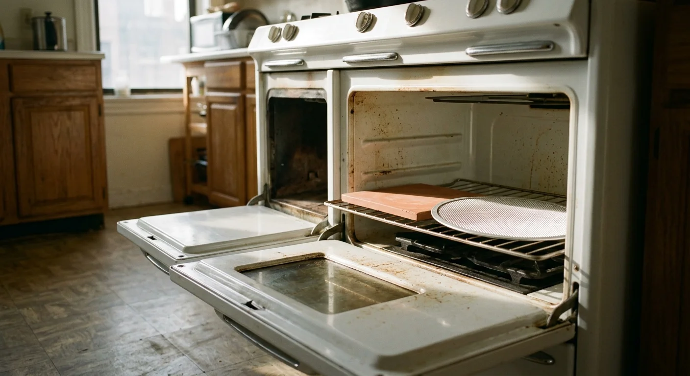 Open white vintage oven with an unglazed quarry tile and a round perforated pizza screen on the rack.