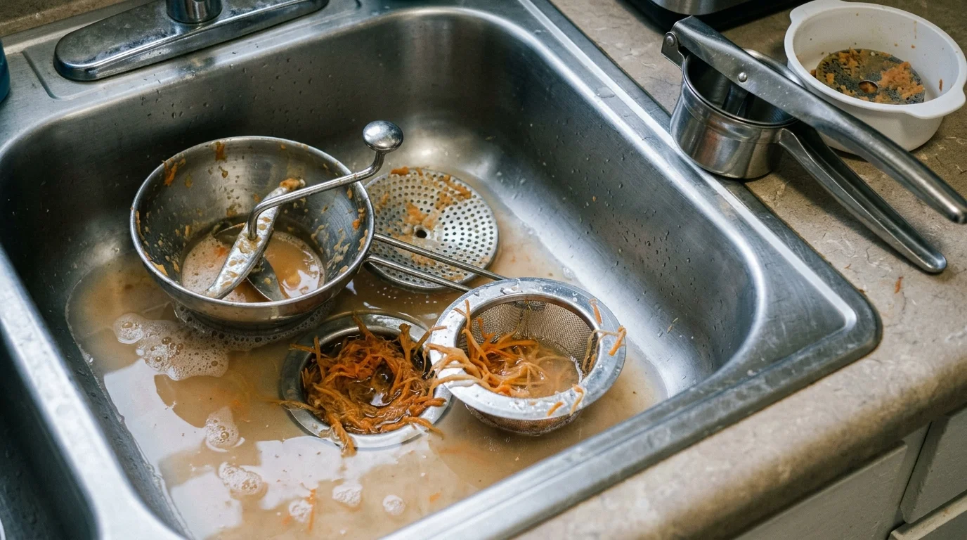 A stainless steel sink clogged with dirty rinse water, a food mill, mesh drain strainers with pulp, and a potato ricer.