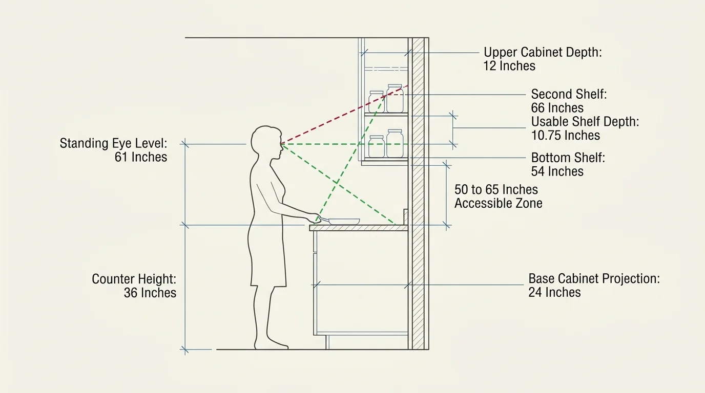 Architectural diagram showing kitchen cabinet dimensions and sightlines of a person standing at a counter.