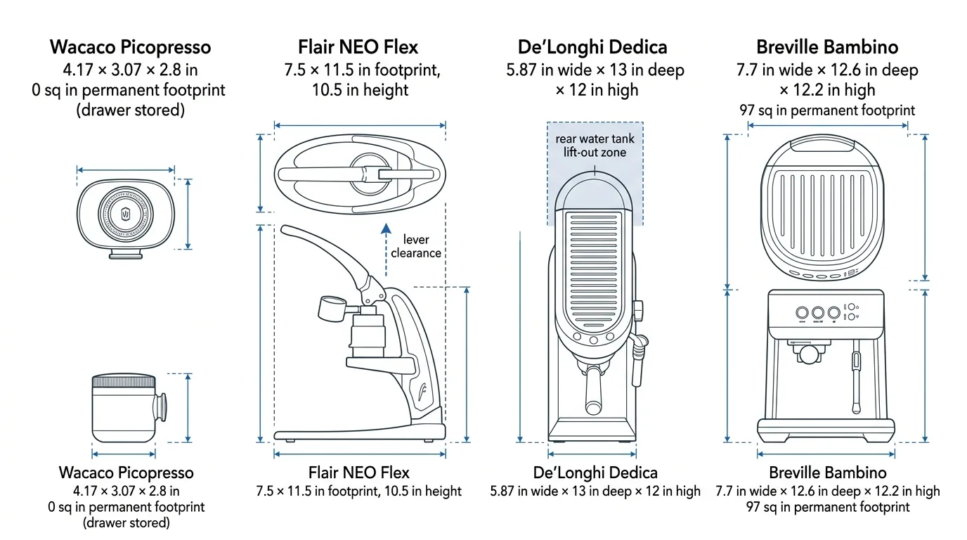 Footprint and clearance diagrams comparing Wacaco Picopresso, Flair NEO Flex, De'Longhi Dedica, and Breville Bambino.