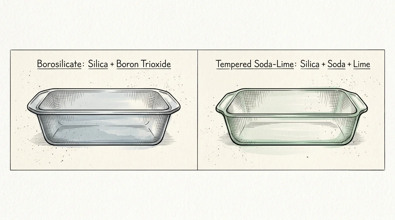 Ink sketch comparison of a borosilicate loaf pan and a tempered soda-lime baking dish with chemical labels above each.