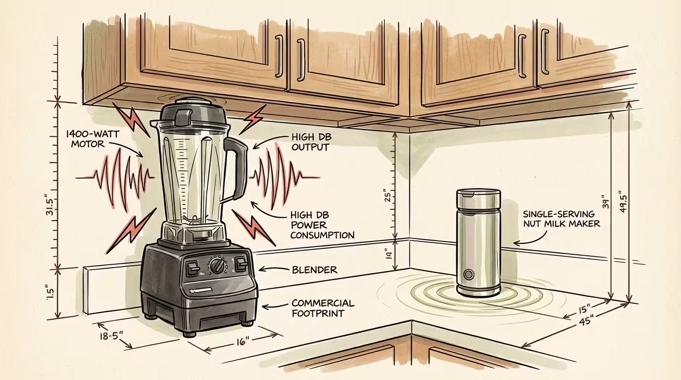 Illustration of a blender and small nut milk maker on a kitchen counter below upper cabinets with labeled dimensions.
