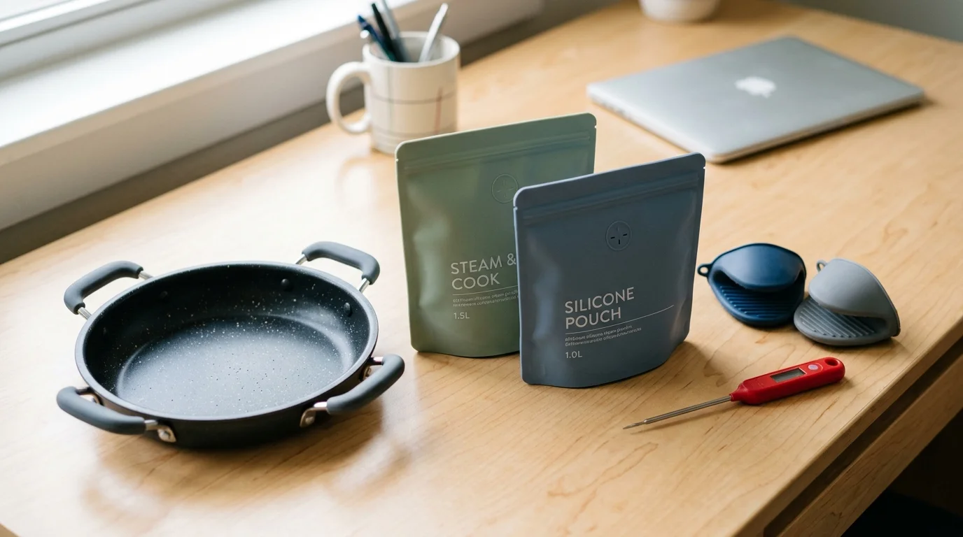 A round crisper pan, two standing silicone pouches, silicone pinch mitts, and a digital thermometer arranged on a desk.