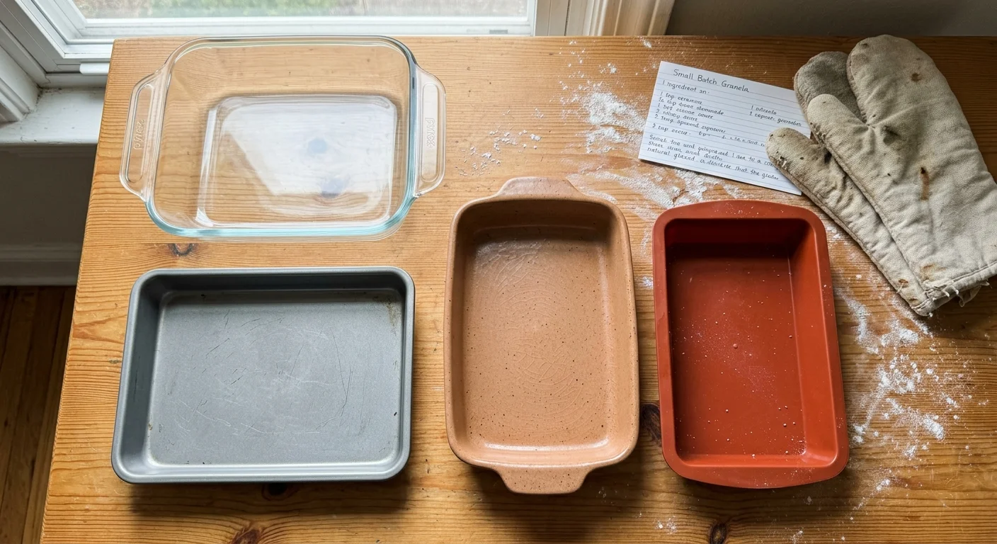 Glass, metal, ceramic, and silicone baking pans laid out on a wooden table beside oven mitts and a recipe card.