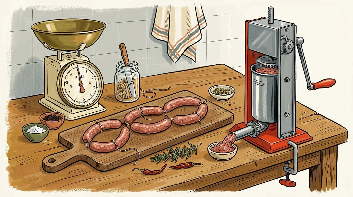 Illustration of a sausage stuffer clamped to a wooden table next to linked sausages, a kitchen scale, and spices.