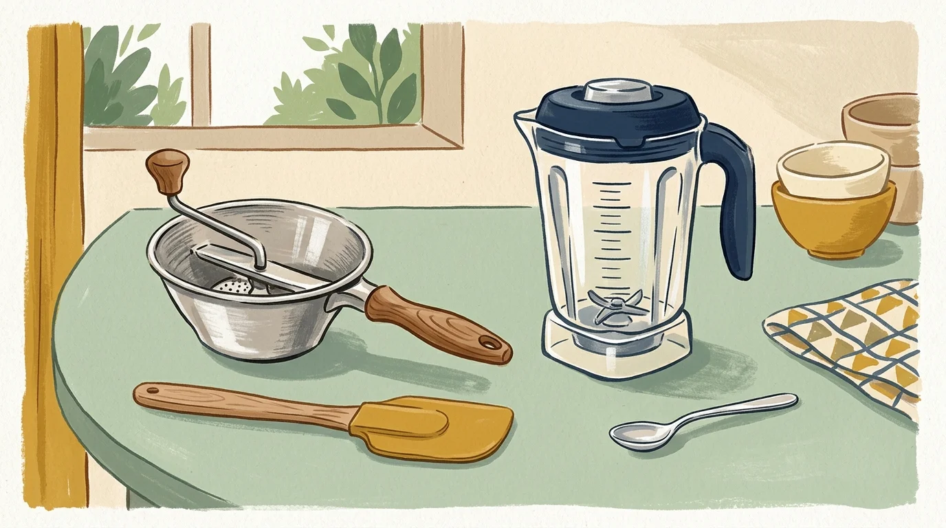 Illustration of a metal food mill, a tall blender jar, a spatula, and a spoon on a tabletop.