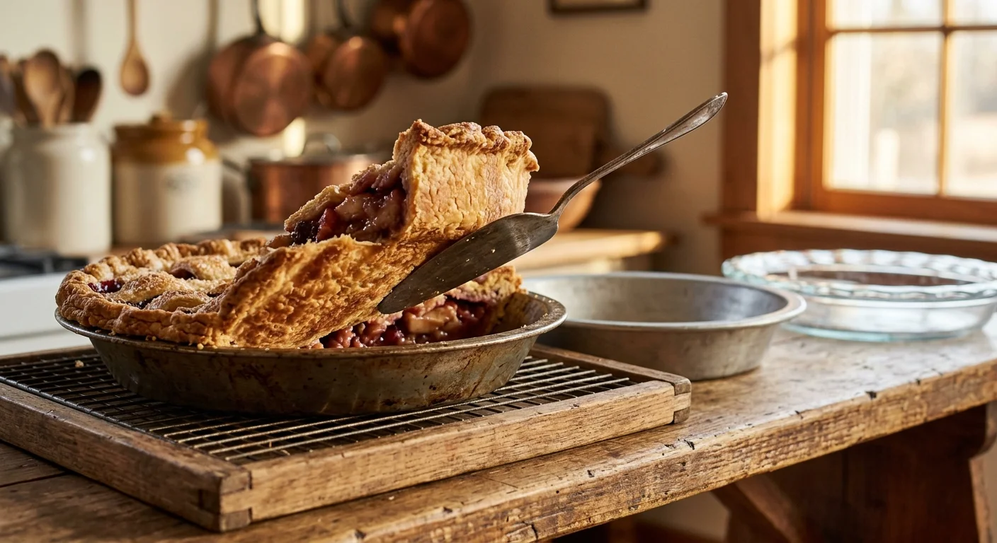 A slice of fruit pie lifted from a metal pan with a server, revealing a golden, flaky bottom crust on a wooden table.