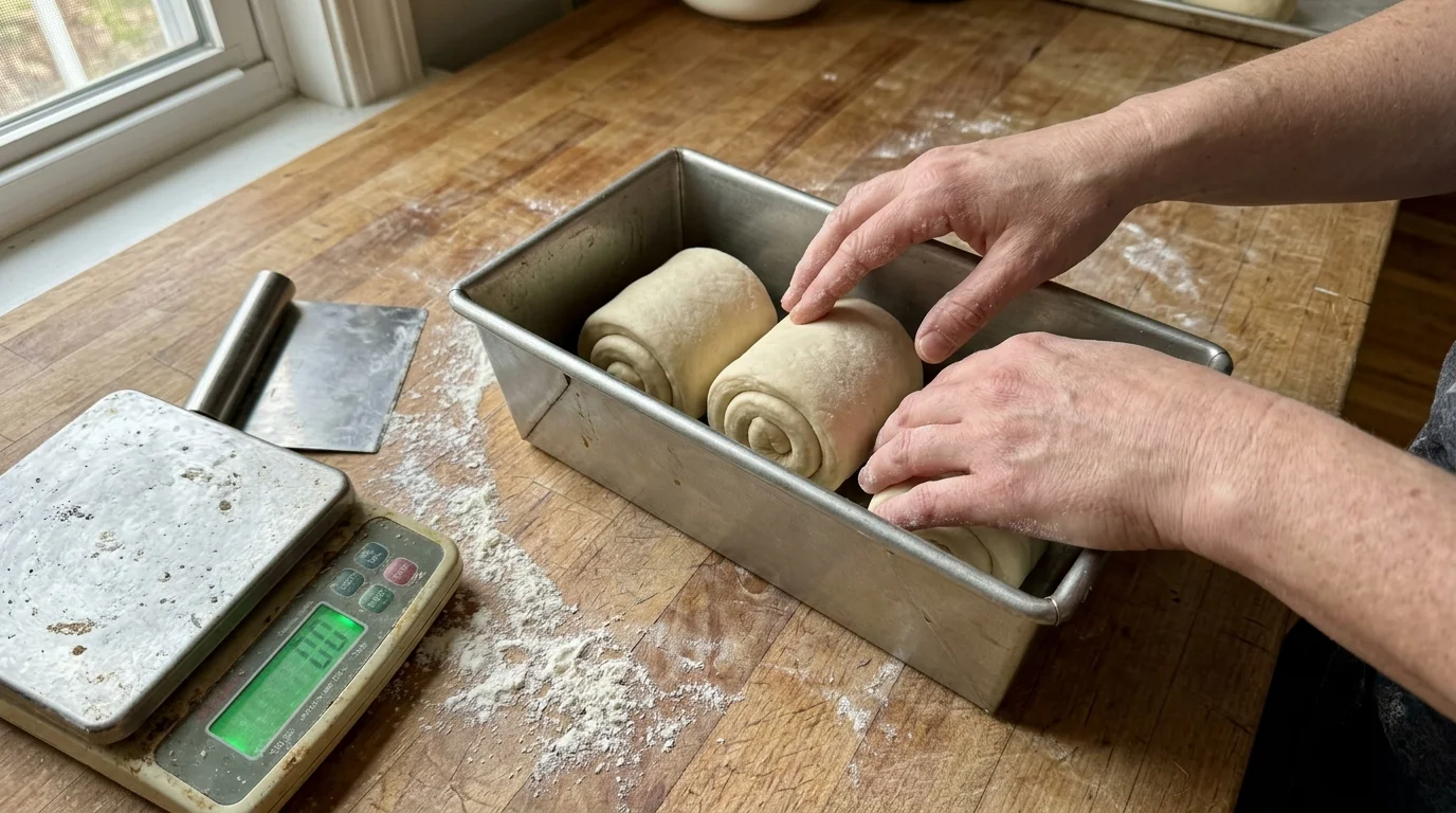Baker placing rolled dough portions into a metal loaf pan on a wooden table beside a digital kitchen scale.
