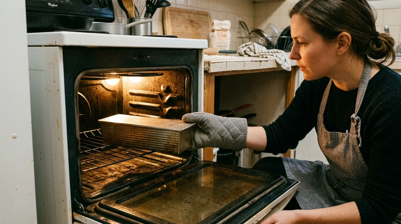 A woman wearing an apron and oven mitt places a lidded metal loaf pan onto the lower rack of an open oven.