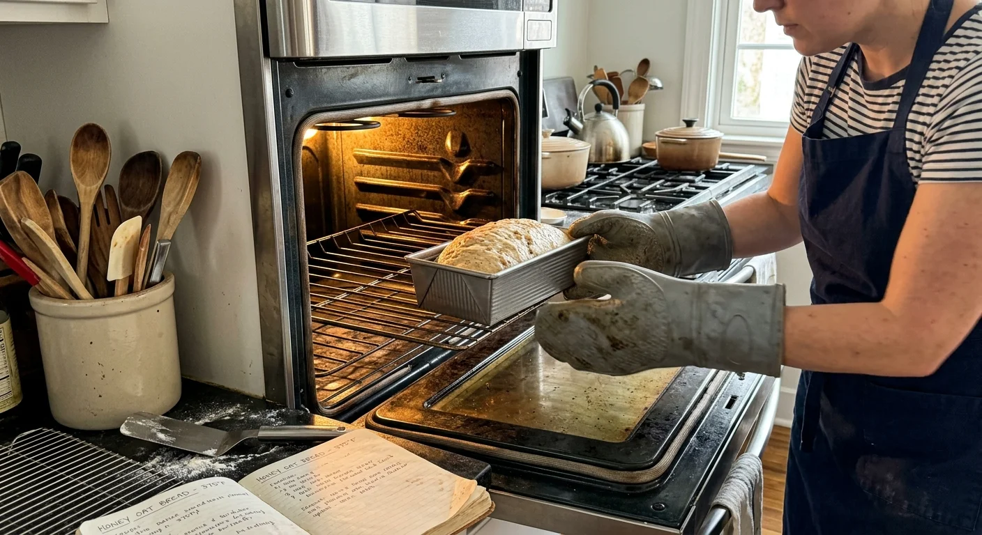 A baker wearing oven mitts places a metal loaf pan filled with dough onto a rack inside an open kitchen oven.