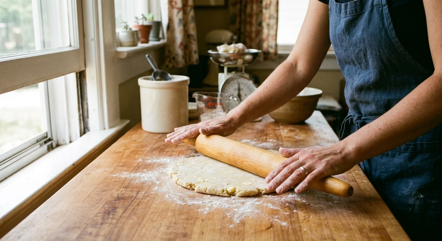 Person in a blue apron rolling pastry dough on a wooden countertop using a tapered wooden rolling pin.