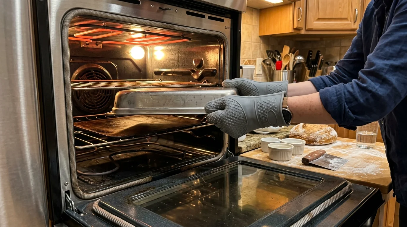 Person wearing silicone oven mitts sliding an inverted metal pan onto an oven rack above a baking steel.
