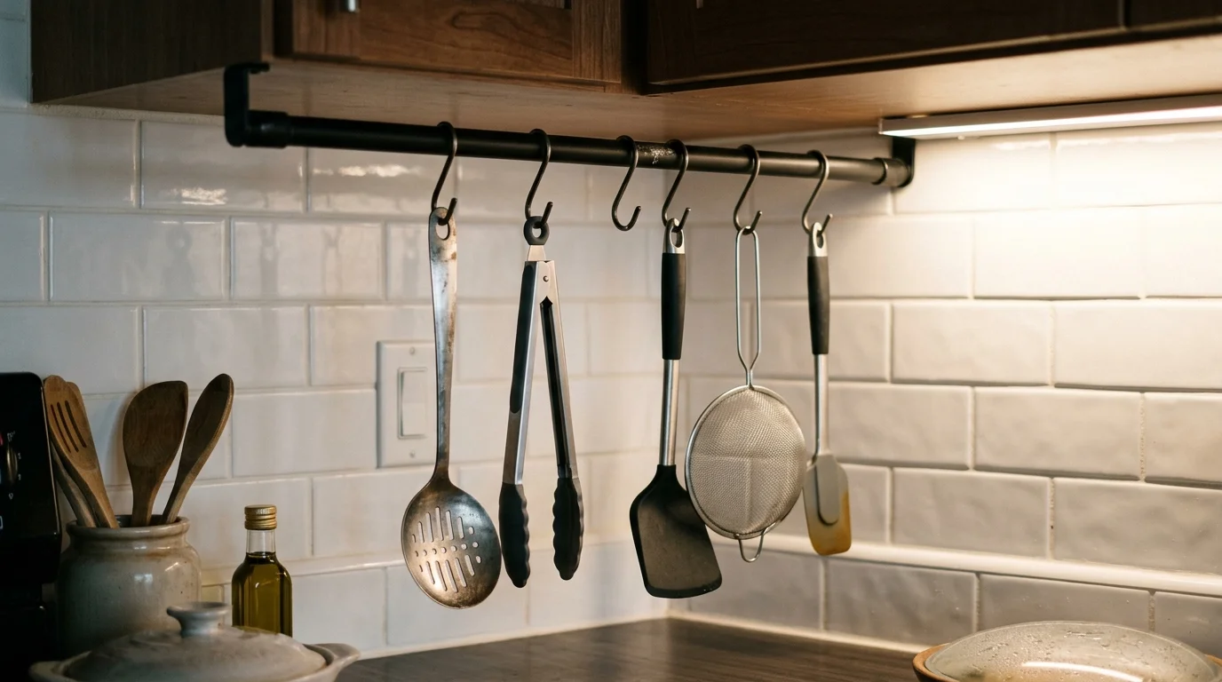 Black wall-mounted tension rail with S-hooks holding cooking utensils above an apartment kitchen counter.