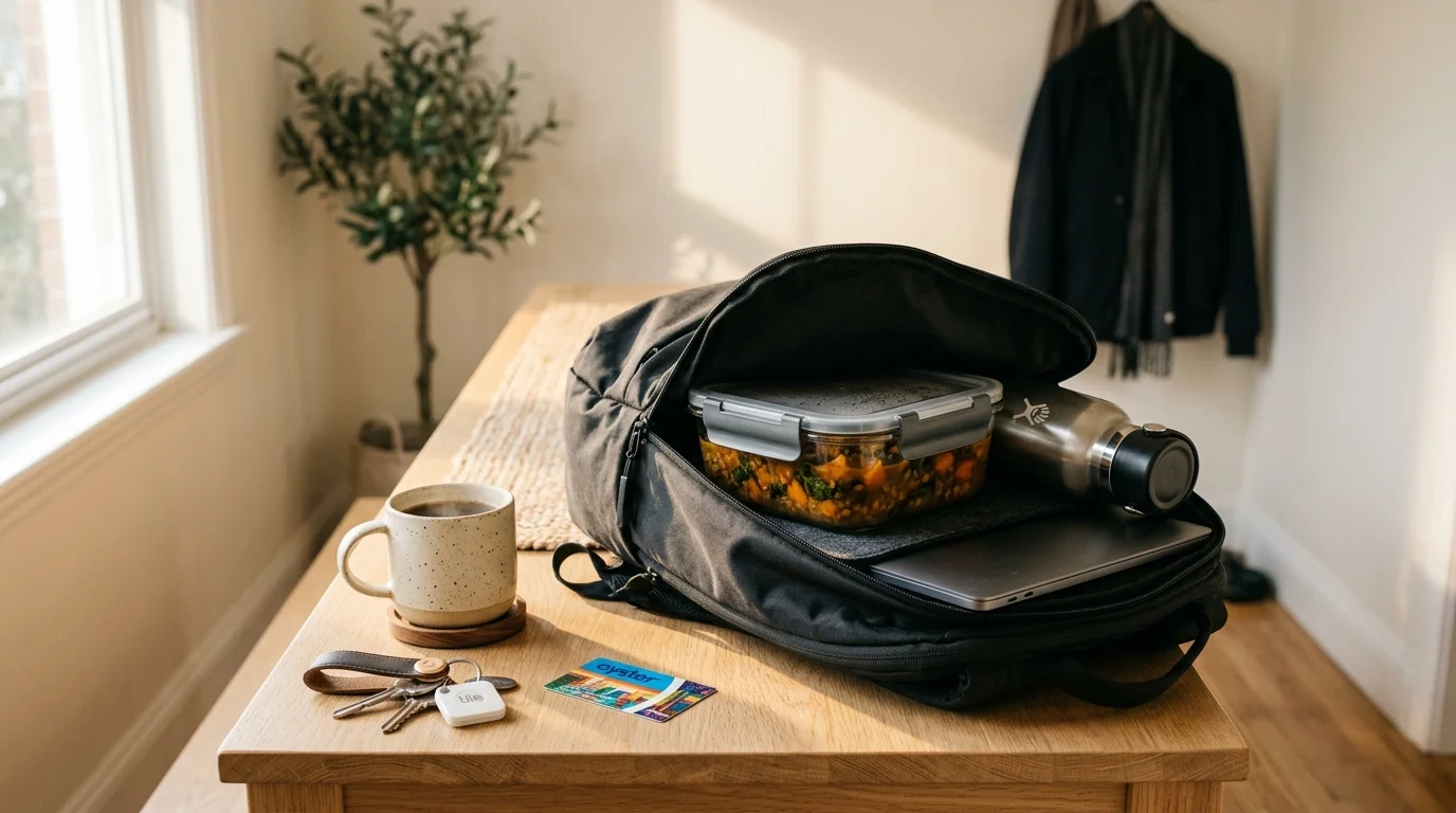 Open backpack on a wooden table containing a glass meal prep container, laptop, and metal water bottle.