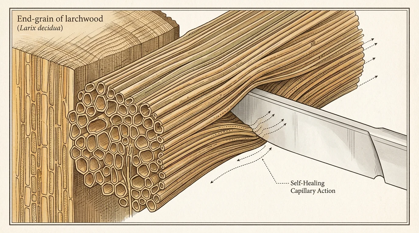 Illustration of a knife blade slicing into tubular end-grain wood fibers of larchwood, which bend around the edge.