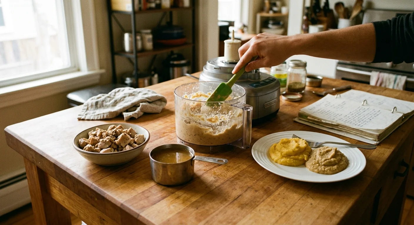 Pureed chicken in a food processor bowl next to broth, chopped chicken, and a plate of pureed foods on a counter.