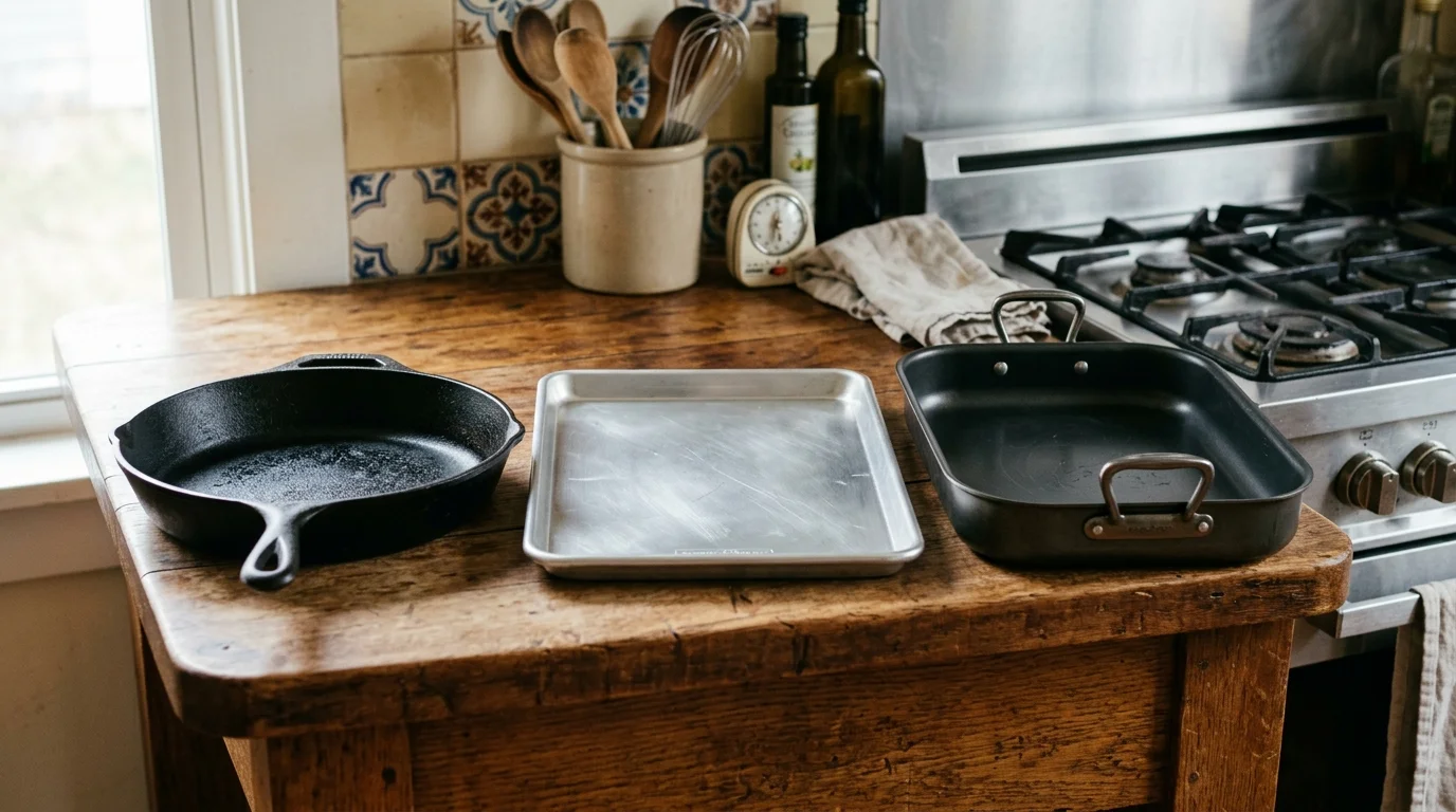 Cast iron skillet, aluminum sheet pan, and dark roasting pan arranged on a rustic wooden table beside a gas stove.