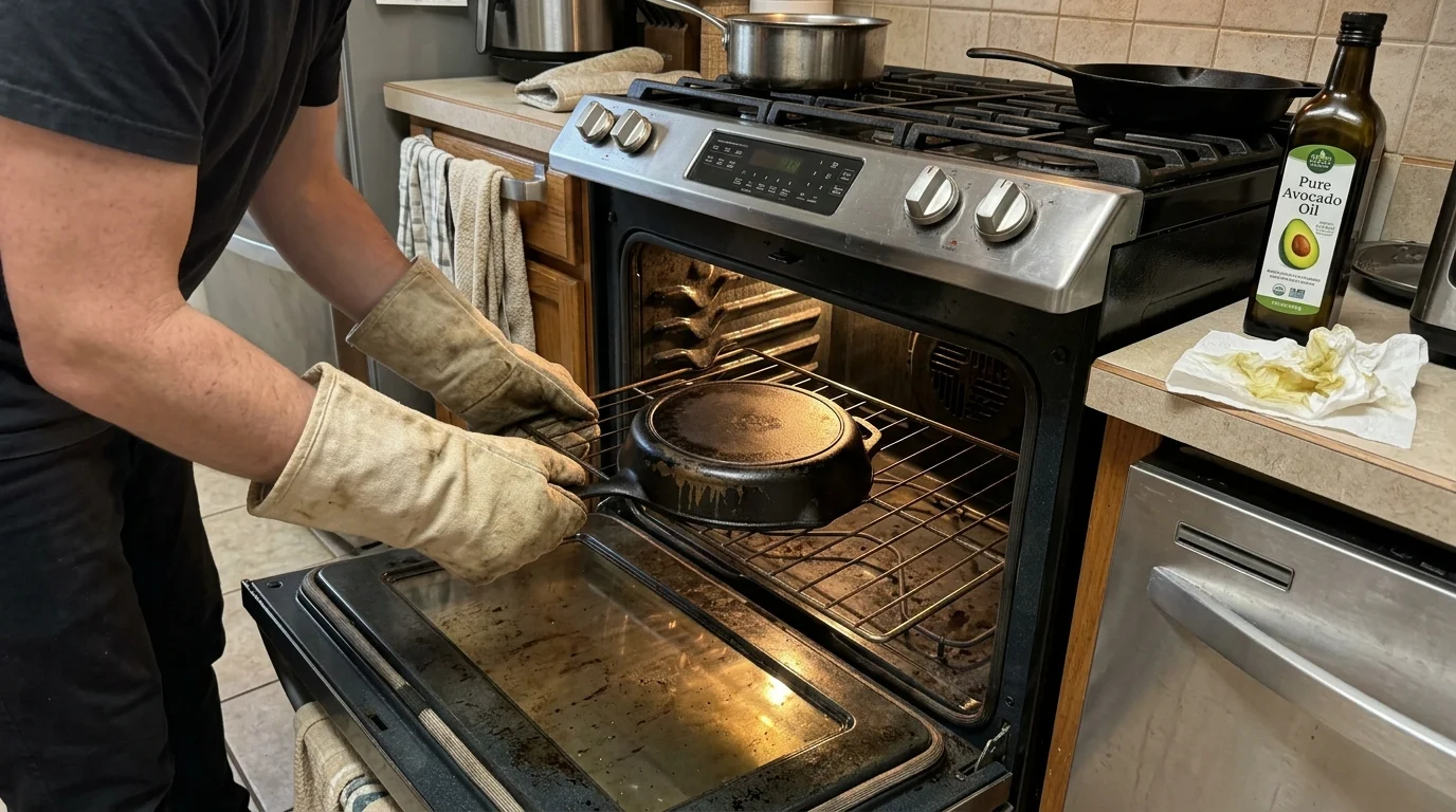 A person wearing oven mitts slides an upside-down cast iron skillet into an open oven next to a bottle of avocado oil.
