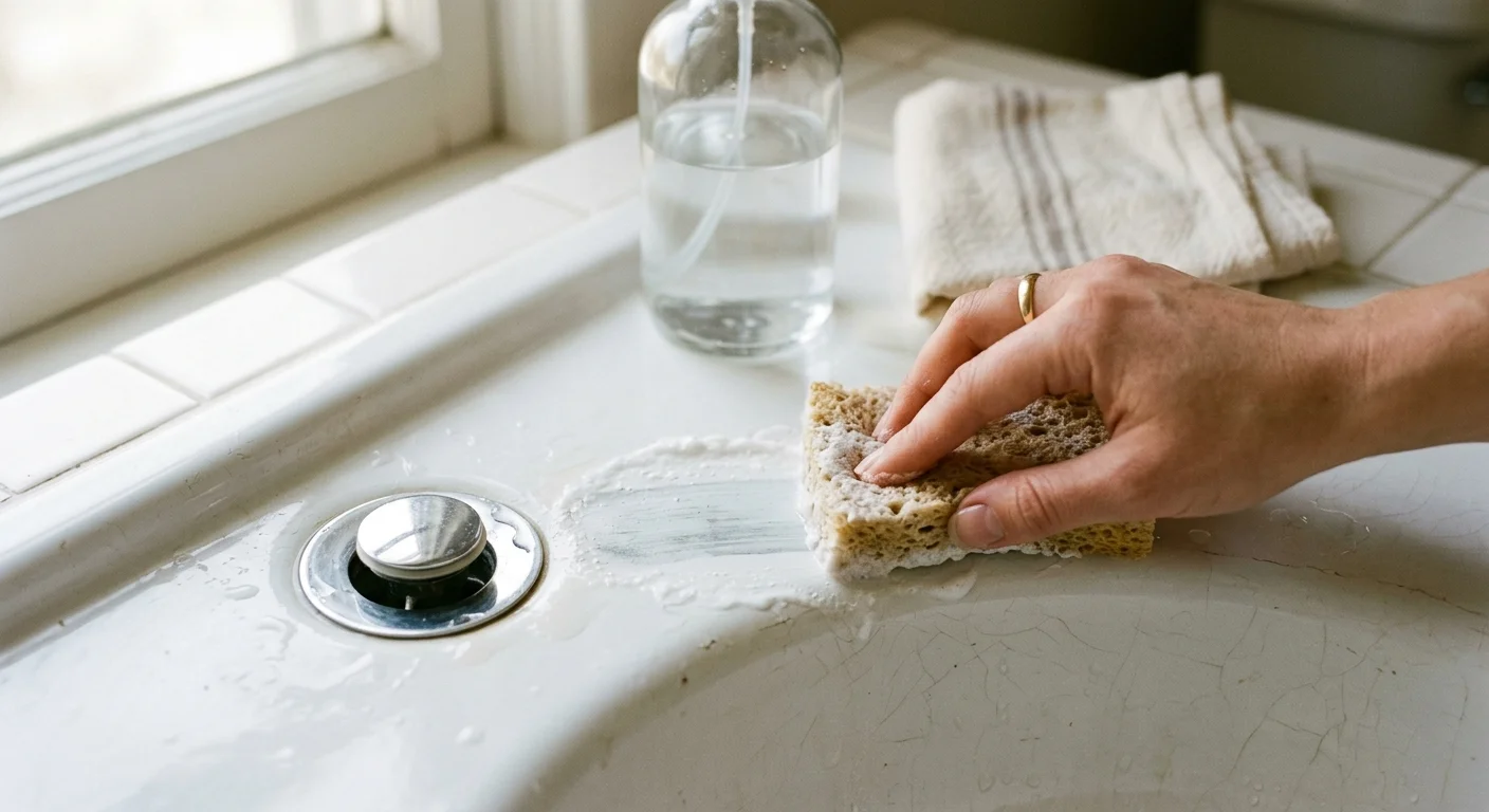 A hand scrubbed a soapy sponge over a grey mark on the rim of a white porcelain sink.