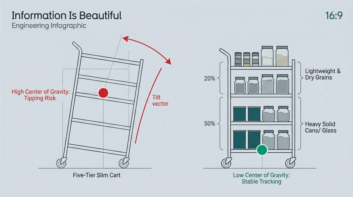 Center of gravity diagram showing how loading heavy canned items on bottom shelves prevents tall narrow carts from tipping.
