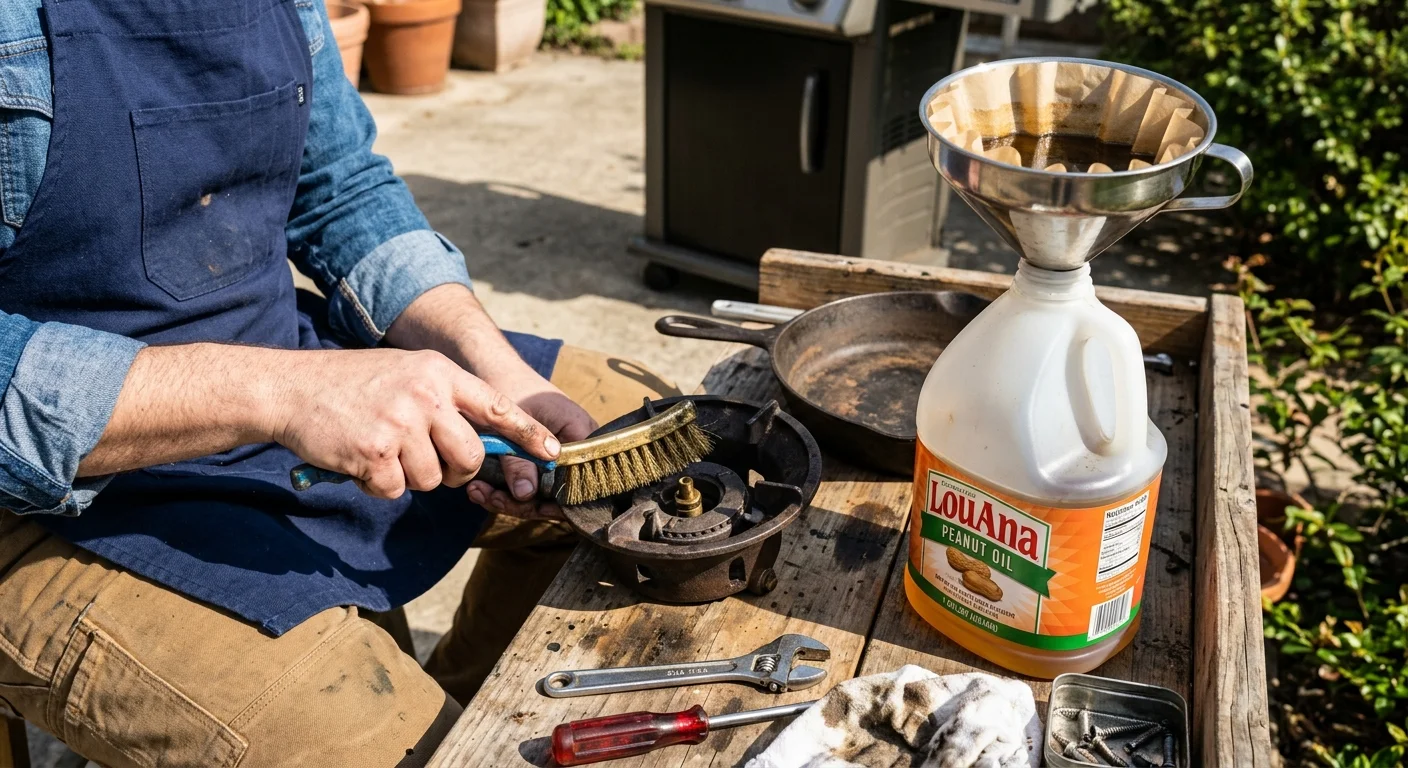 A person scrubs a cast iron burner with a wire brush next to a plastic jug filtering used oil through a funnel.