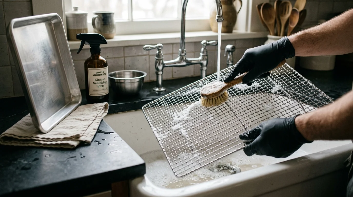 Cleaning a stainless steel wire cooling rack in a kitchen sink with a natural bristle brush and soapy suds.