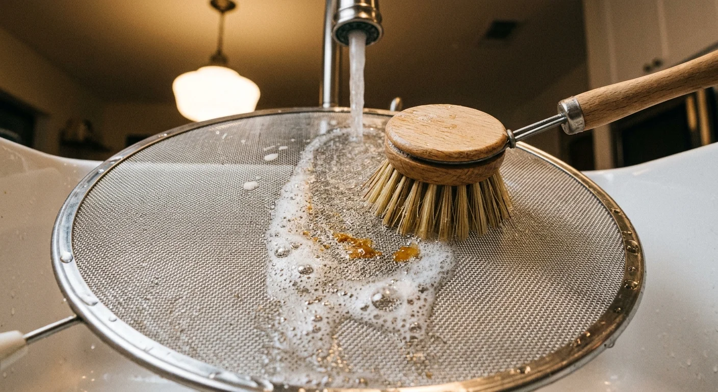A wooden scrub brush cleaning soapy residue off a fine mesh splatter screen under running sink tap water.