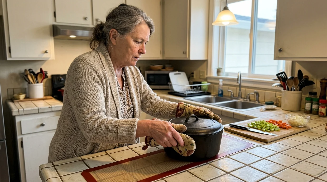An older woman wearing oven mitts sets a black cast iron pot down on a tiled kitchen counter near chopped vegetables.
