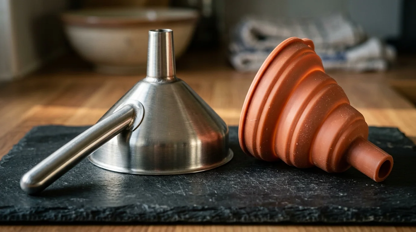 A stainless steel funnel with a handle beside an orange collapsible silicone funnel on a black slate slab.
