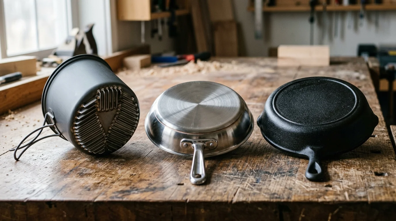 Undersides of a camping pot with heat exchange fins, a stainless steel skillet, and a cast-iron pan on a wooden workbench.