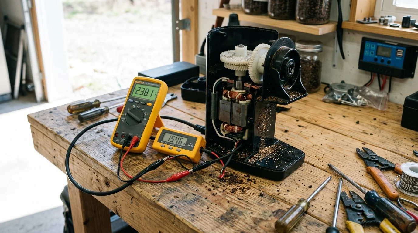 A disassembled electric coffee grinder connected with alligator clips to two digital multimeters on a wooden workbench.