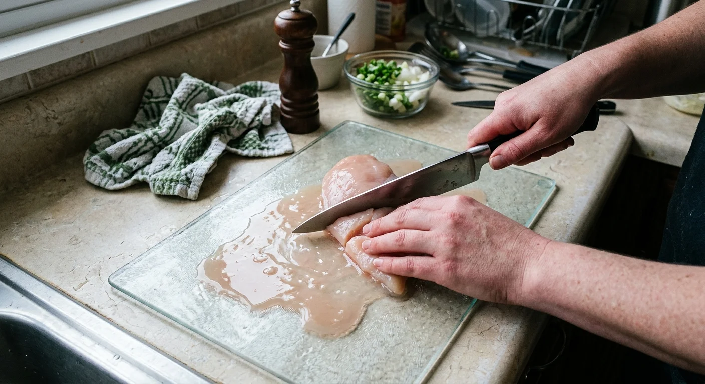 Hands using a chef knife to slice raw chicken on a glass cutting board covered in pooled liquid on a kitchen counter.