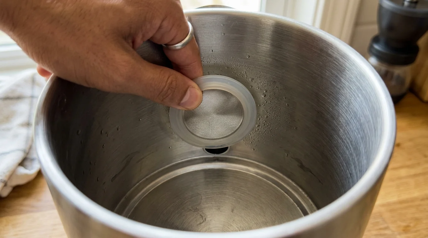 Hand placing a round metal mesh screen with a silicone collar inside a stainless steel kettle chamber.