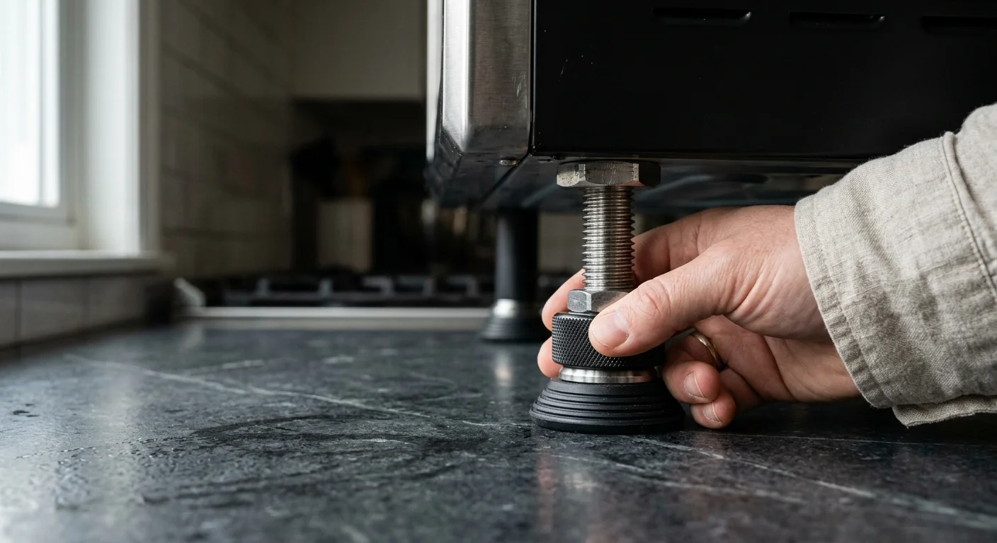 A hand turns a threaded metal leveling foot beneath an appliance resting on a dark countertop.