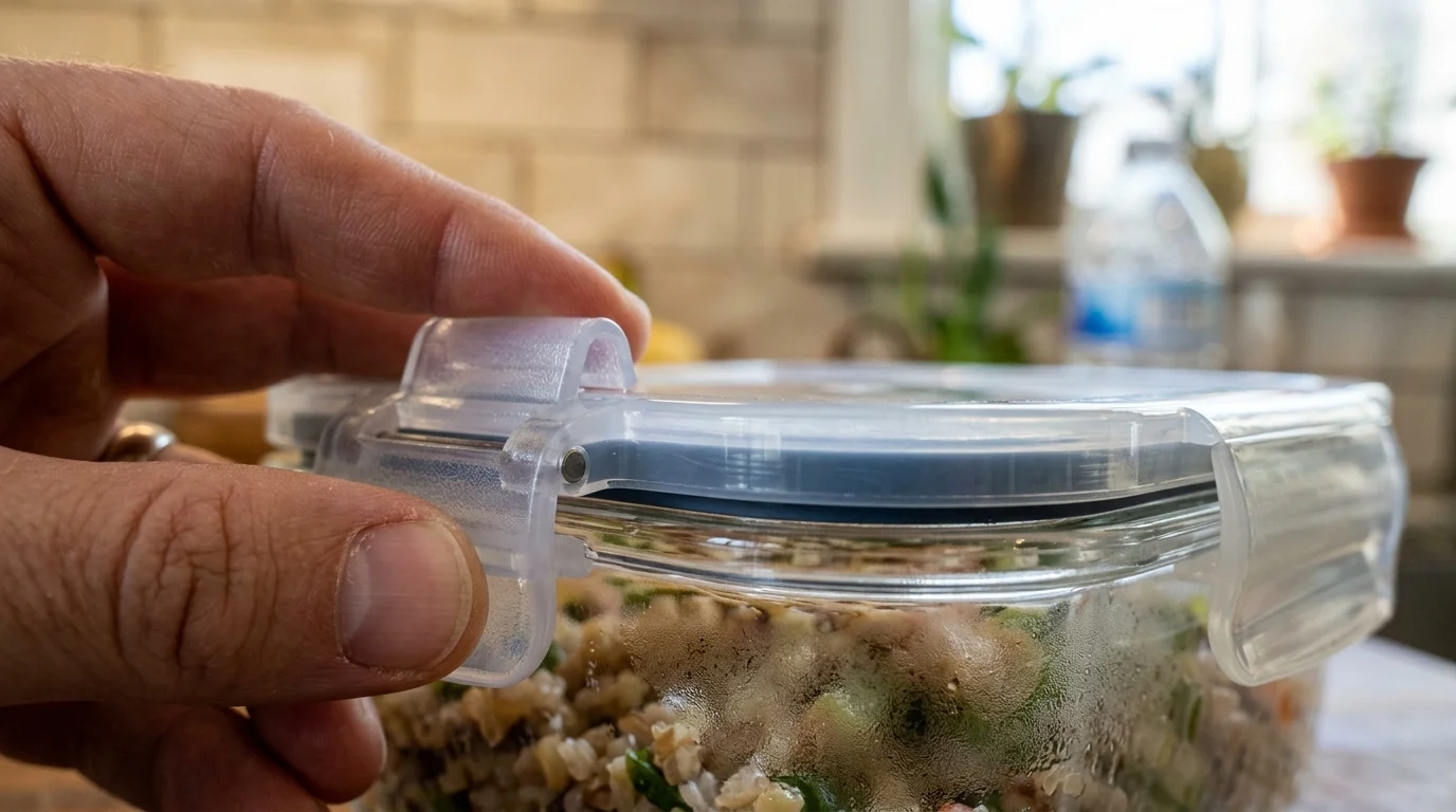 A hand fastens the plastic locking latch onto a clear glass food container with a silicone gasket seal.