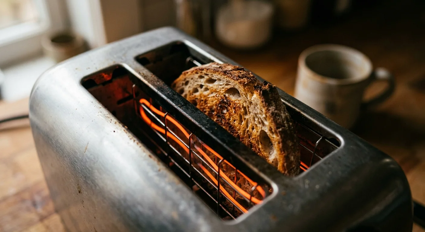A slice of artisan bread toasting inside a metal two-slice toaster beside glowing orange heating elements.