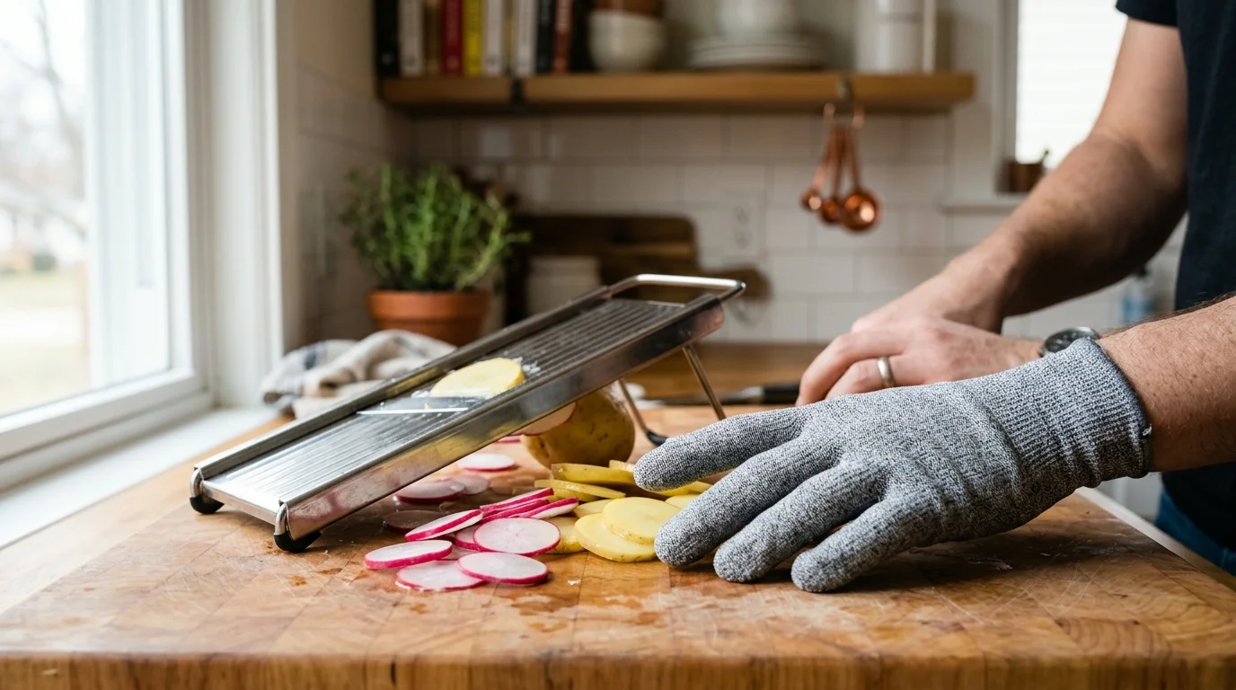 A person wearing a gray cut-resistant glove rests a hand on a wooden cutting board next to a metal mandoline and sliced radishes.