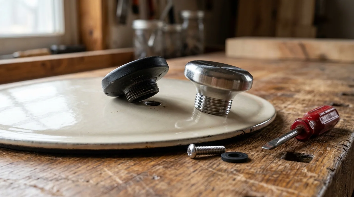 Close-up of a damaged black phenolic lid knob next to a solid stainless steel replacement knob.