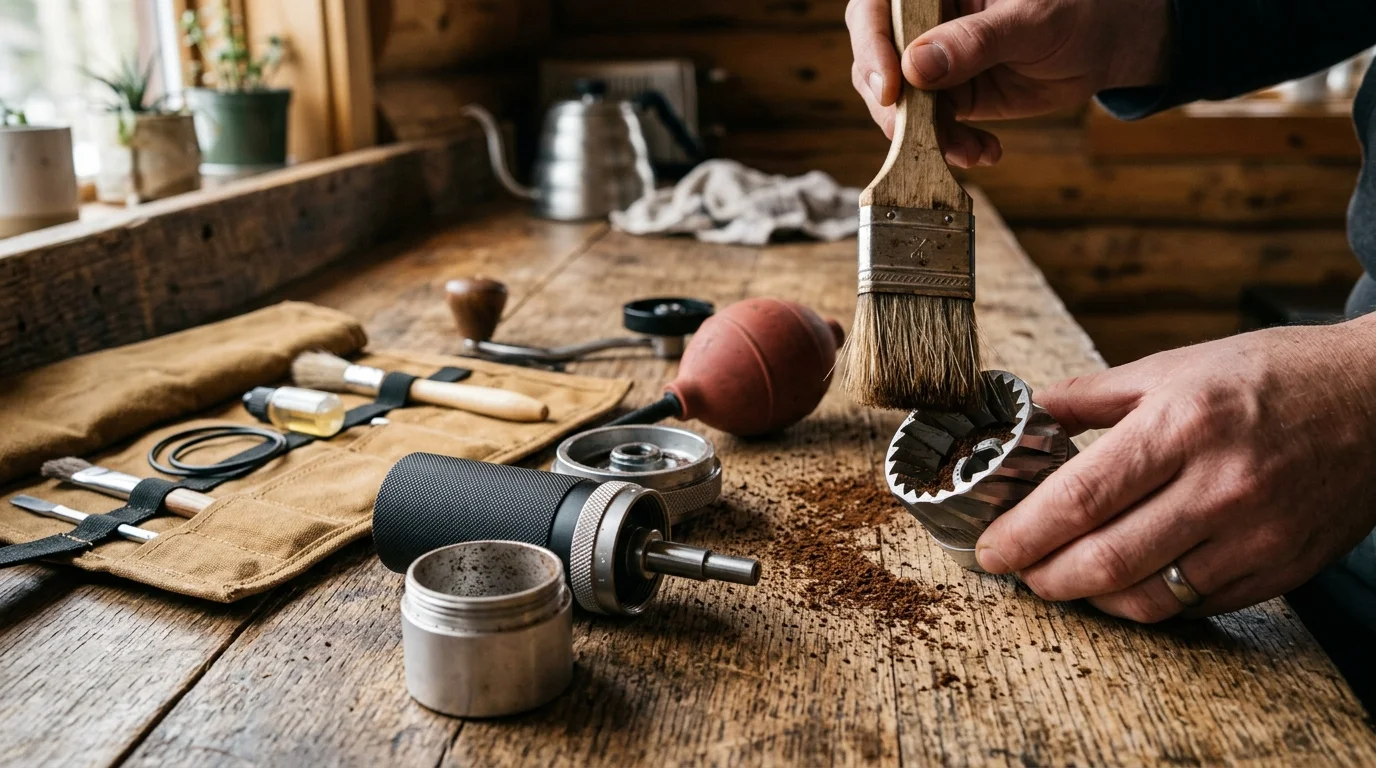 Hands brushing coffee grounds from a disassembled manual grinder burr on a rustic wooden table with tools.