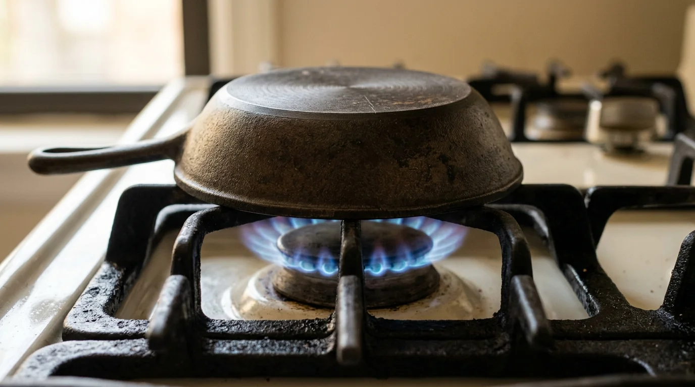 An upside-down cast iron skillet resting on a black stove grate directly over a lit blue gas burner flame.