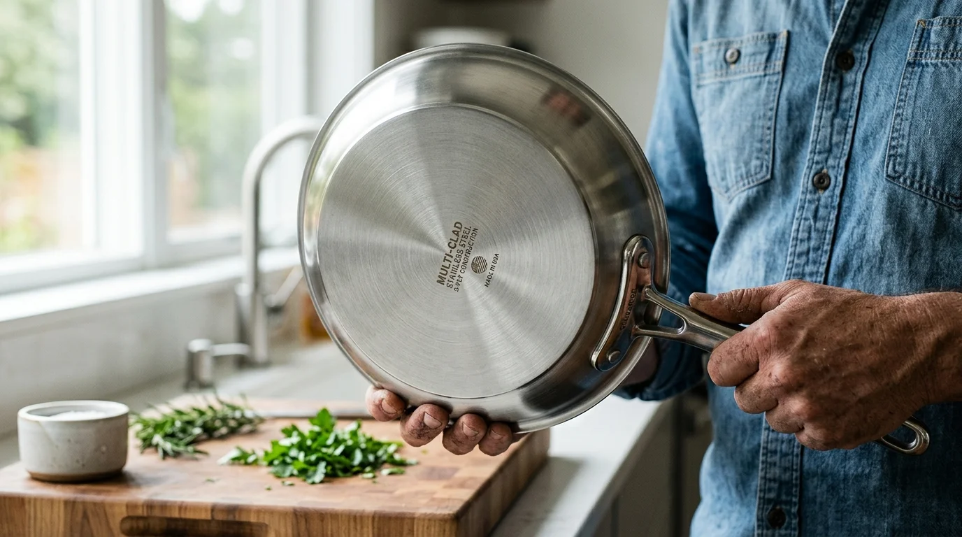 A person holding up a stainless steel skillet to show its circular, flat base above a kitchen counter.