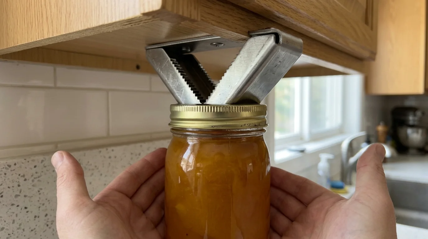 Hands holding a glass jar into an under-cabinet V-wedge opener with metal serrated teeth gripping the lid.
