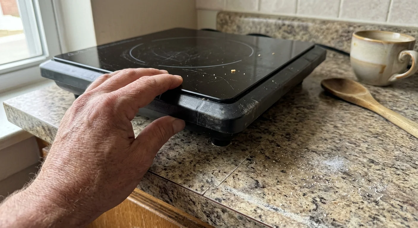 A hand pressing down on the edge of a portable black induction cooktop sitting on a laminate kitchen counter.