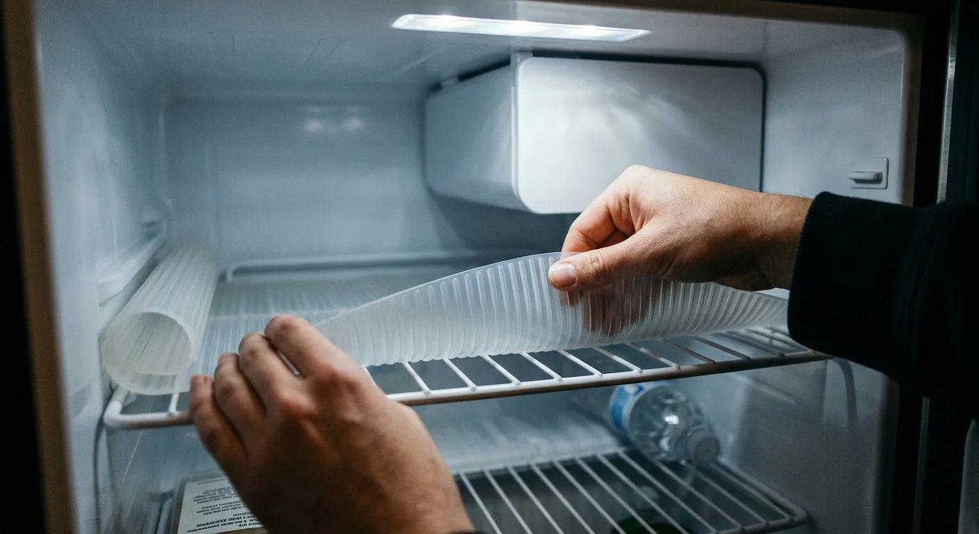 Hands unroll a ribbed plastic mat across a white wire shelf inside a compact refrigerator.