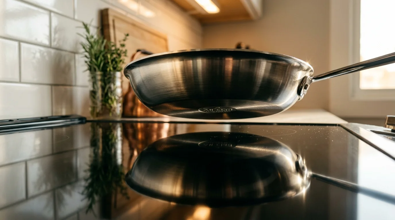 Stainless steel frying pan levitating directly above a glossy black glass-ceramic electric stovetop, casting a reflection.