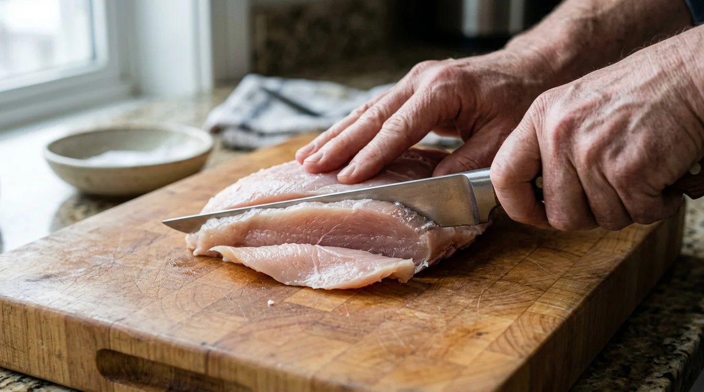 Hands slicing raw chicken breast horizontally on a wooden cutting board with a silver boning knife.