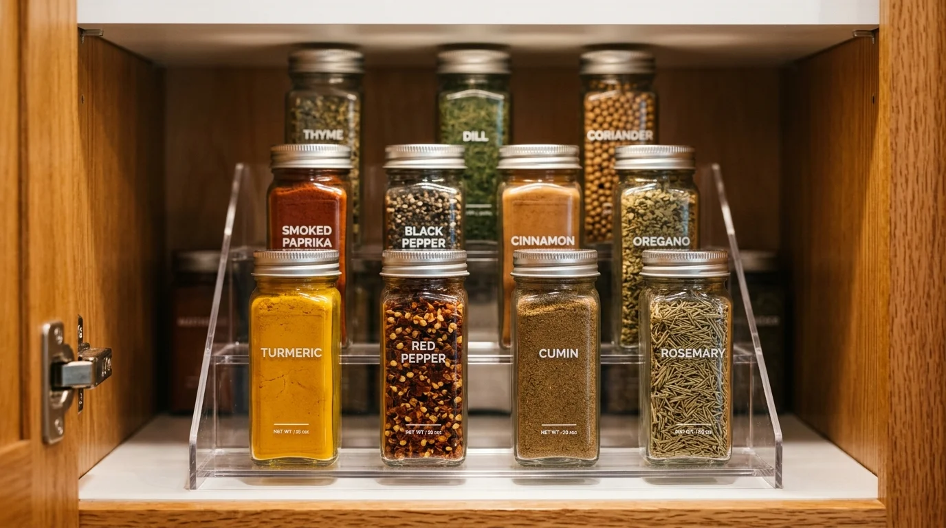 Spice jars with silver lids arranged on a clear three-tier acrylic riser inside a wooden cabinet shelf.